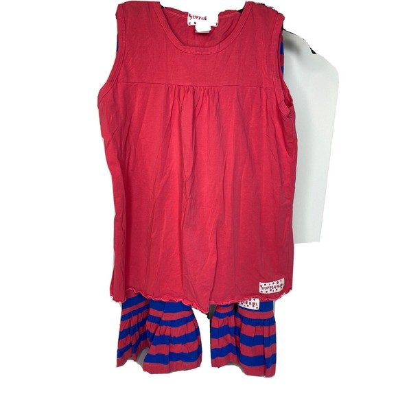 Ruffle Girl Top And Pants Set Blue Red Striped Pull On Flared Stretch Girl 14 - Picture 1 of 16